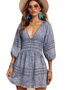 Free People Small Washed Blue Denim V-Neck Open Back Mini Dress Sweet Surrender